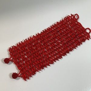 Small Glass Beads Hand Crafted Wide Red Diamond Pattern bracelet w buttons